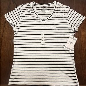 Beverly Hills Polo Club Black and White Striped V-Neck Tee
